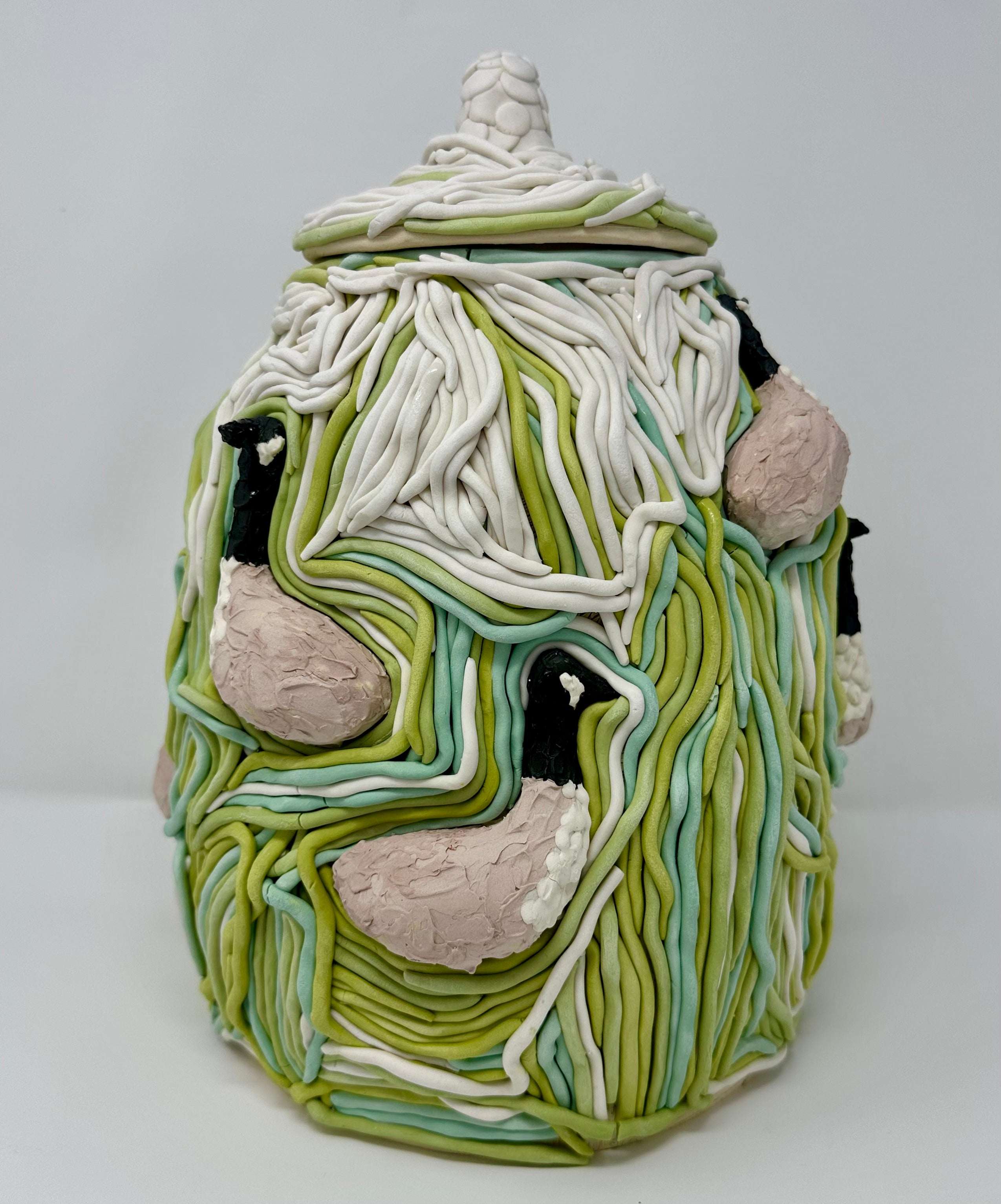Decorative ceramic jar with colorful designs of Canada geese on a white background
